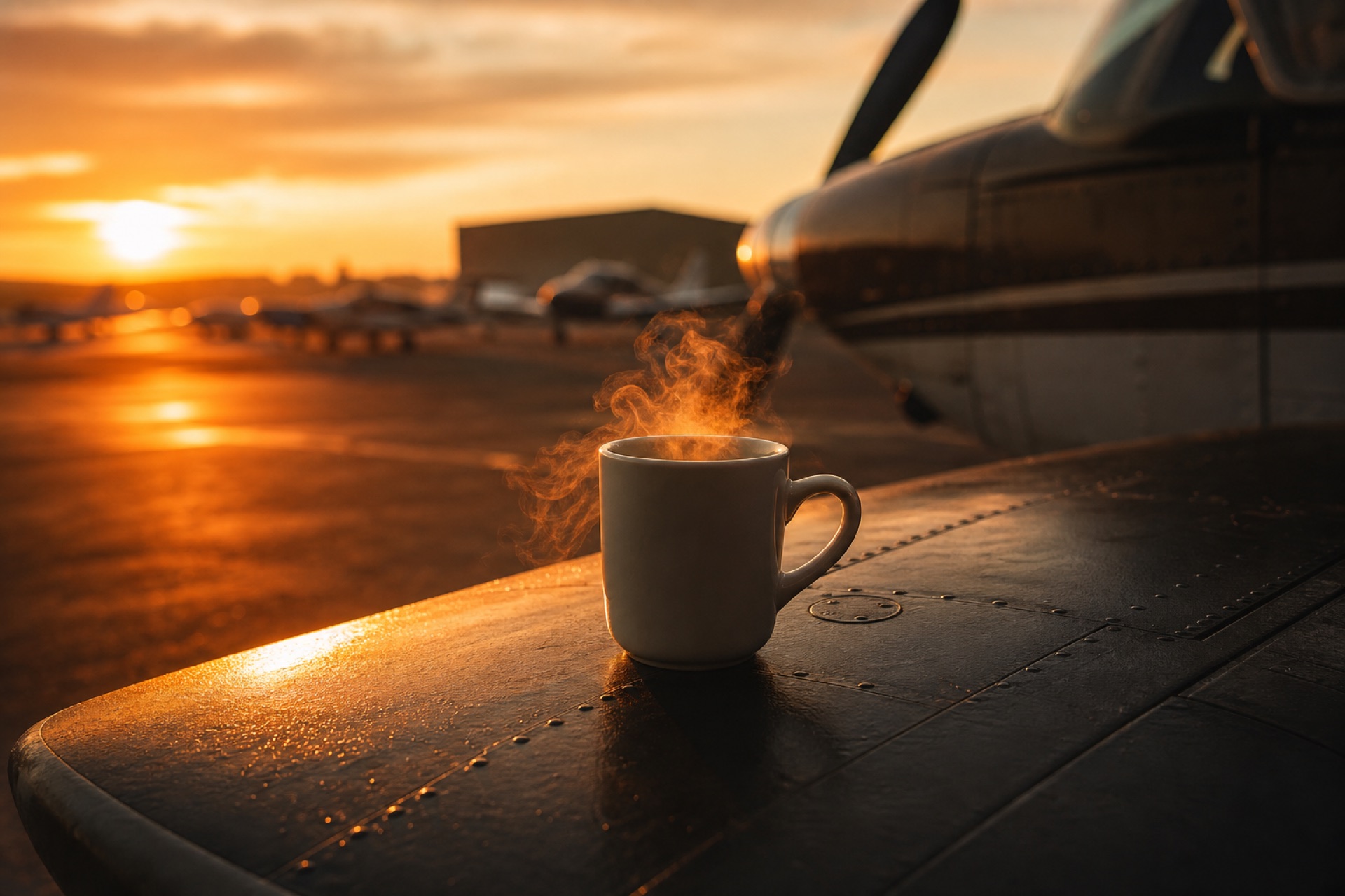 Steaming coffee cup resting on an aircraft wing at sunrise, parked aircraft blurred in the warm haze behind