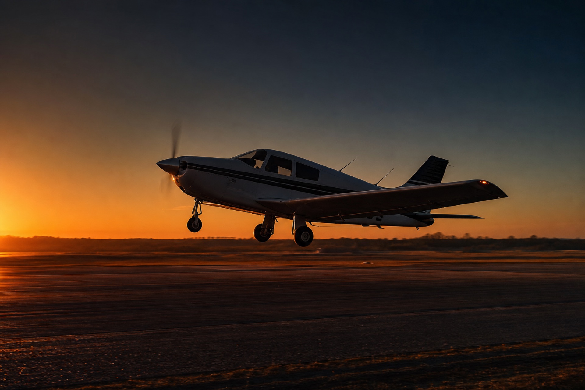 Single-engine aircraft lifting off the runway at first light against an indigo and amber dawn sky