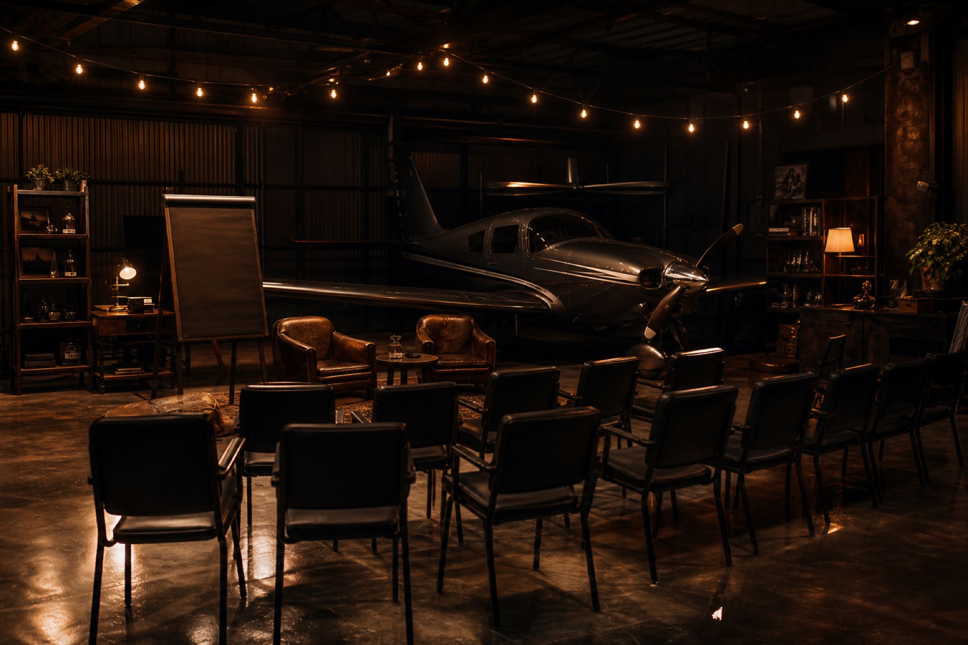 Evening seminar setup inside a dark hangar — chairs under warm string lights with a sleek single-engine aircraft as the backdrop