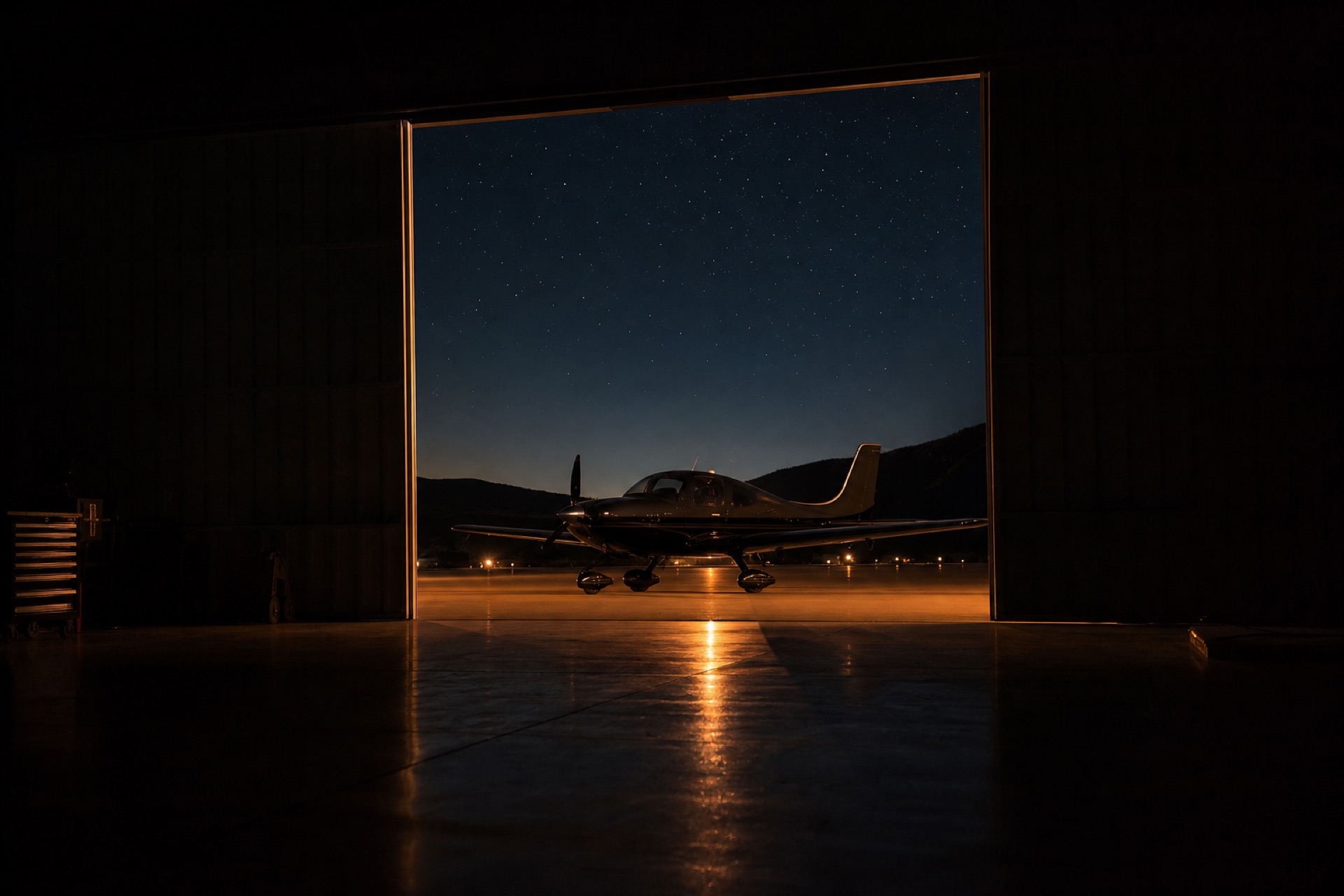 Hangar doors open at night onto a sleek single-engine aircraft silhouetted against a starlit sky, warm ramp light spilling across the floor