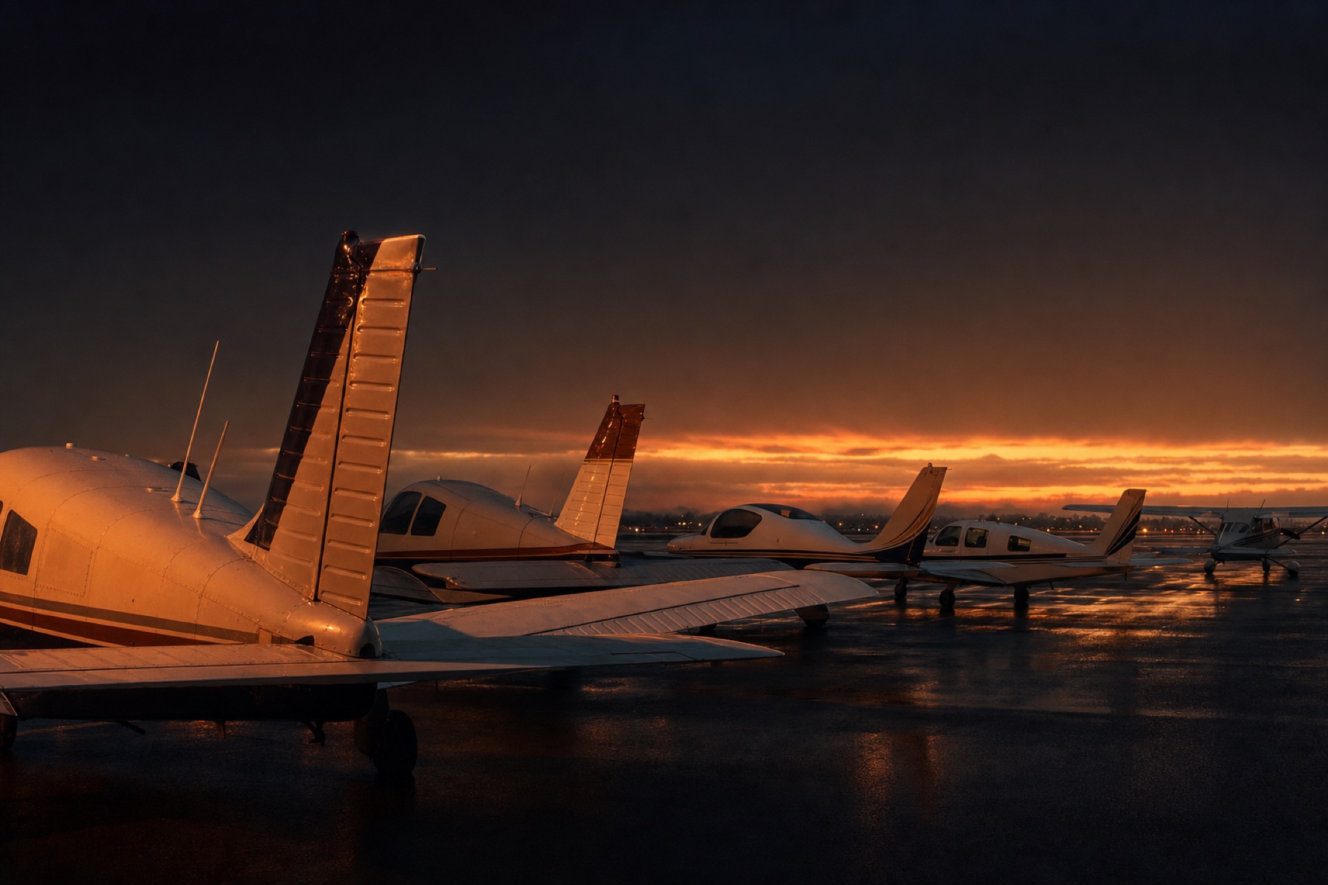 Mixed training fleet seen from behind on a dark wet ramp at dusk, tail fins catching amber light against a smoldering horizon
