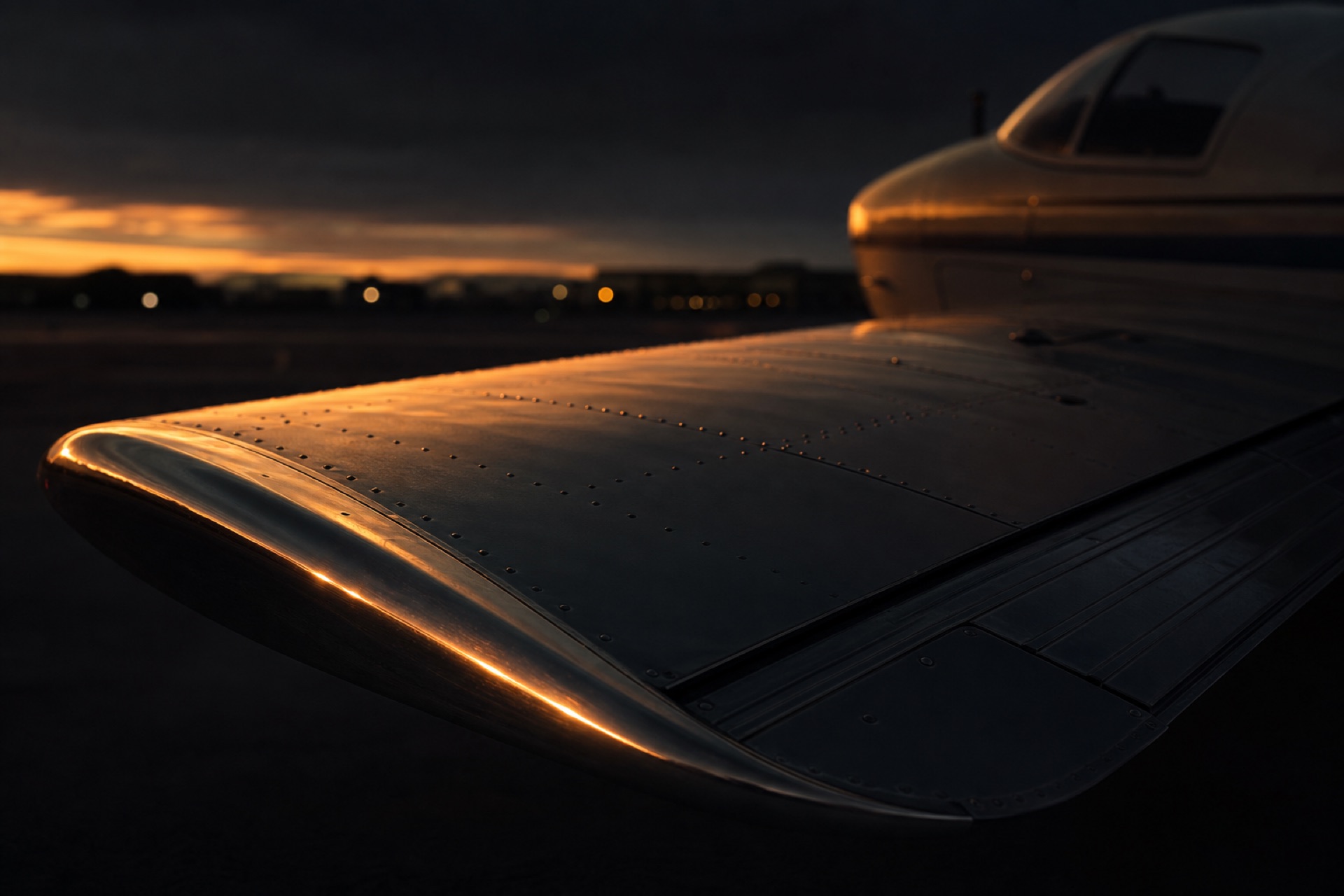 Polished wing leading edge catching the last amber light of dusk, rivet lines fading into shadow