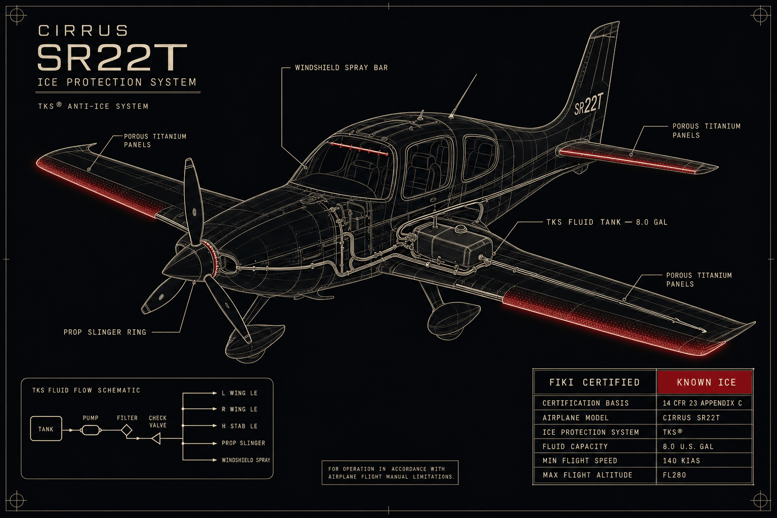 Technical blueprint of the Cirrus SR22T TKS ice protection system with labeled fluid lines and red-highlighted leading edges