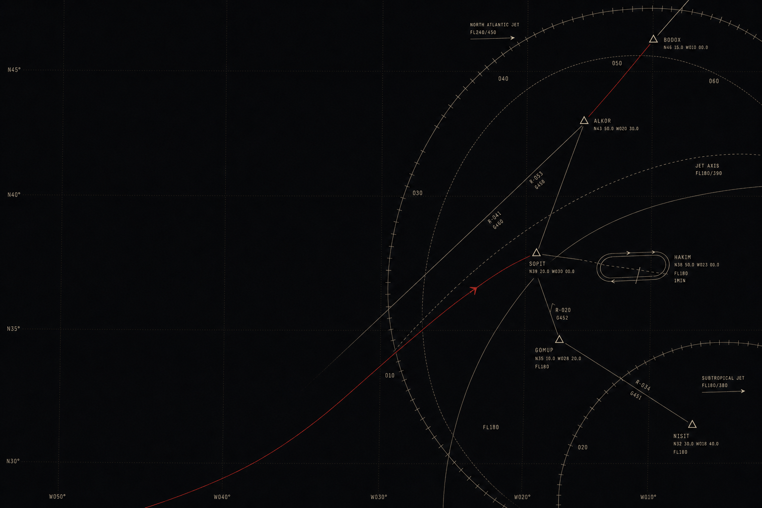 Minimal dark IFR chart artwork — jet vector arcs, waypoints, and a single red route line sweeping across black