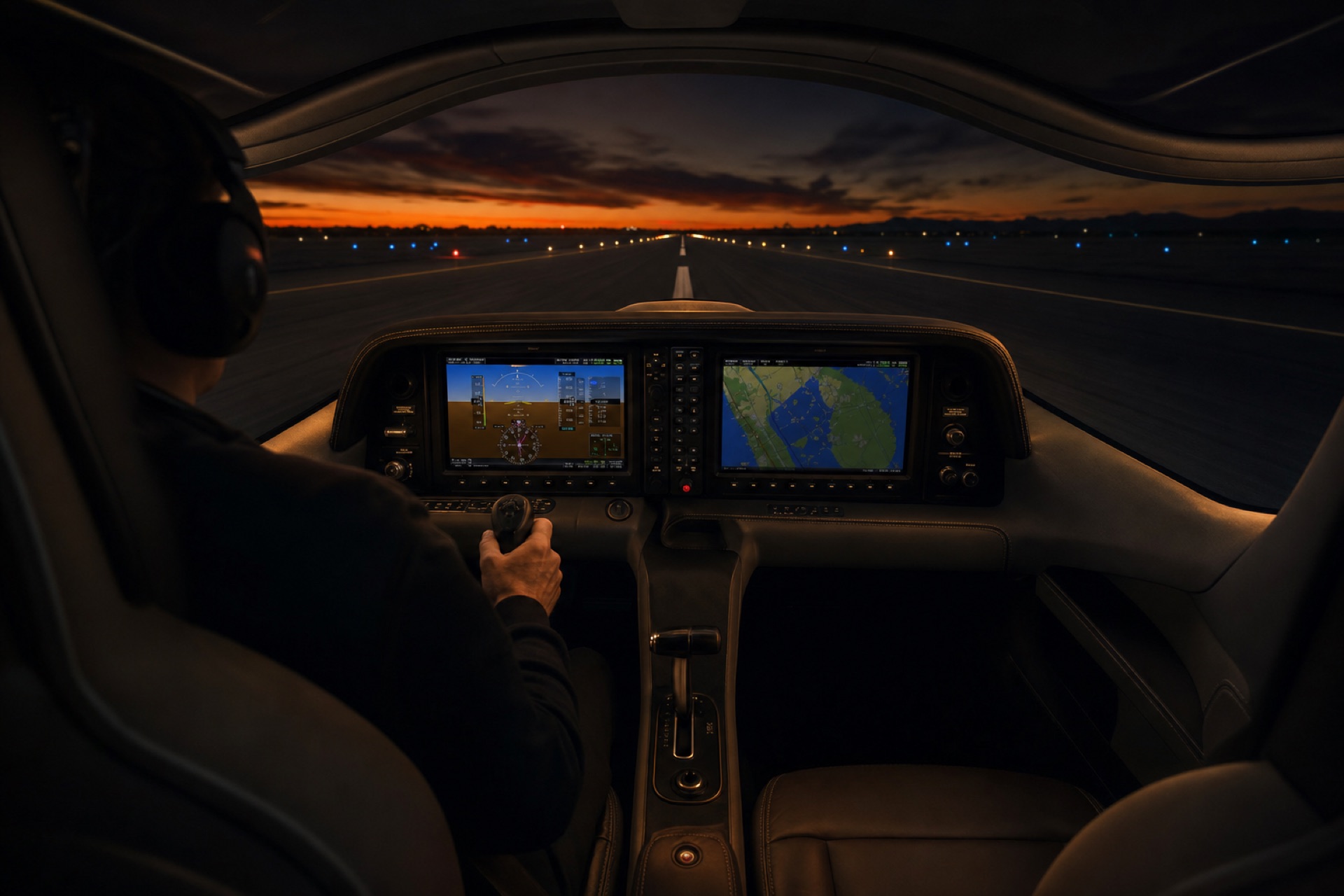 View from a Cirrus cockpit at dawn, holding short of an empty runway with the first light of sunrise on the horizon