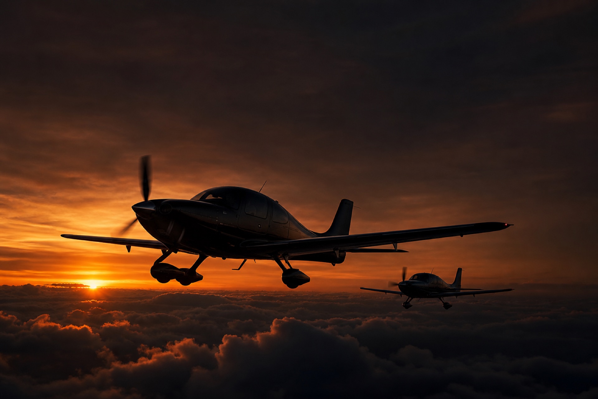 Two aircraft in loose formation silhouetted against a smoldering amber sunset above a dark cloud layer