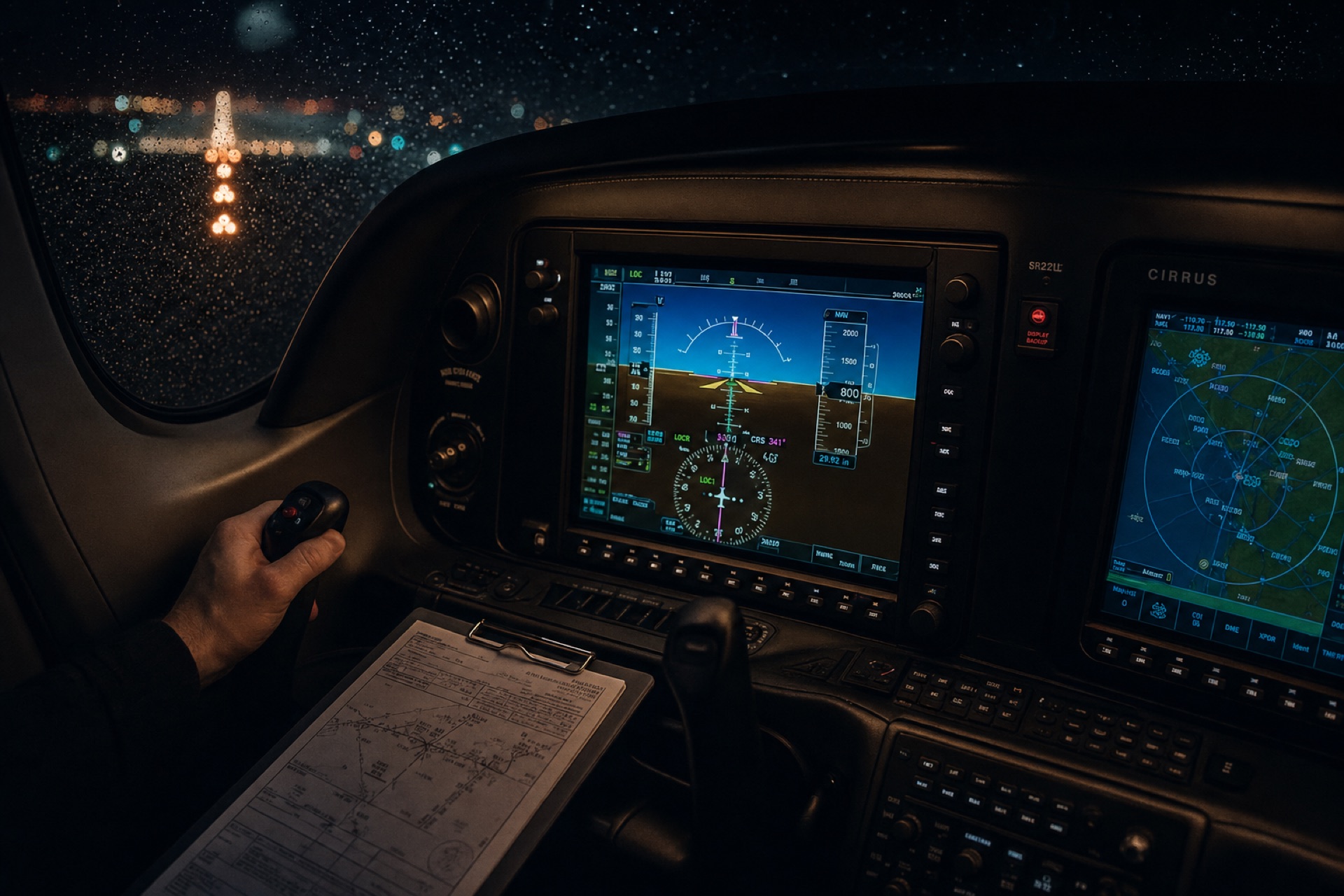 Glowing Perspective+ glass panel at night on approach, approach plate on the kneeboard and runway lights through a rain-flecked windscreen