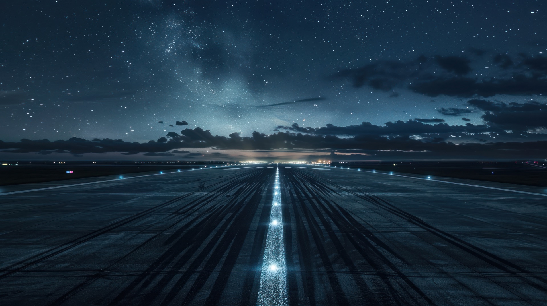 Runway centerline at night under a star-filled sky with the Milky Way visible on the horizon