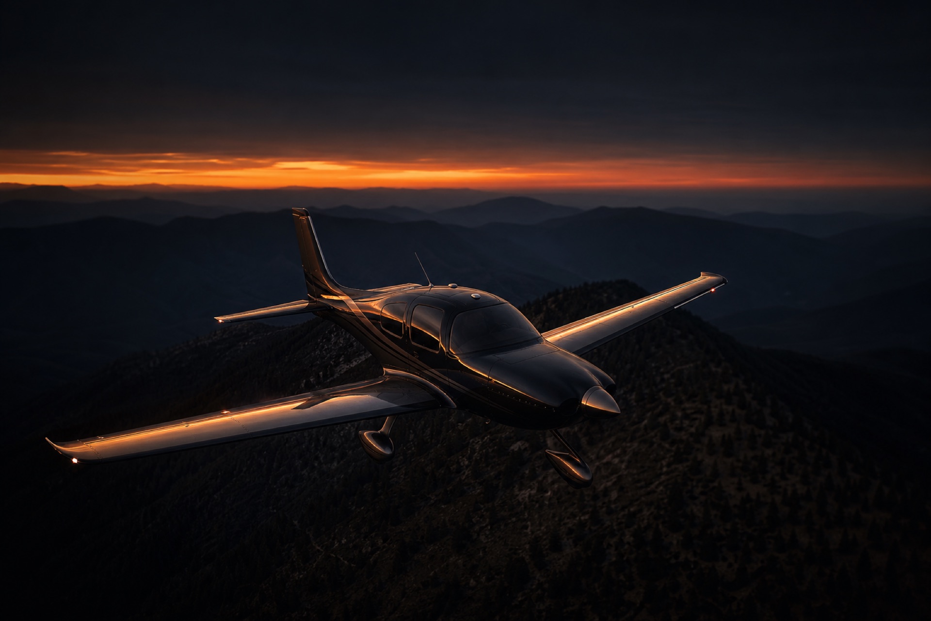 Black Cirrus SR22T banking low over a dark mountain ridge line at dusk, amber horizon behind